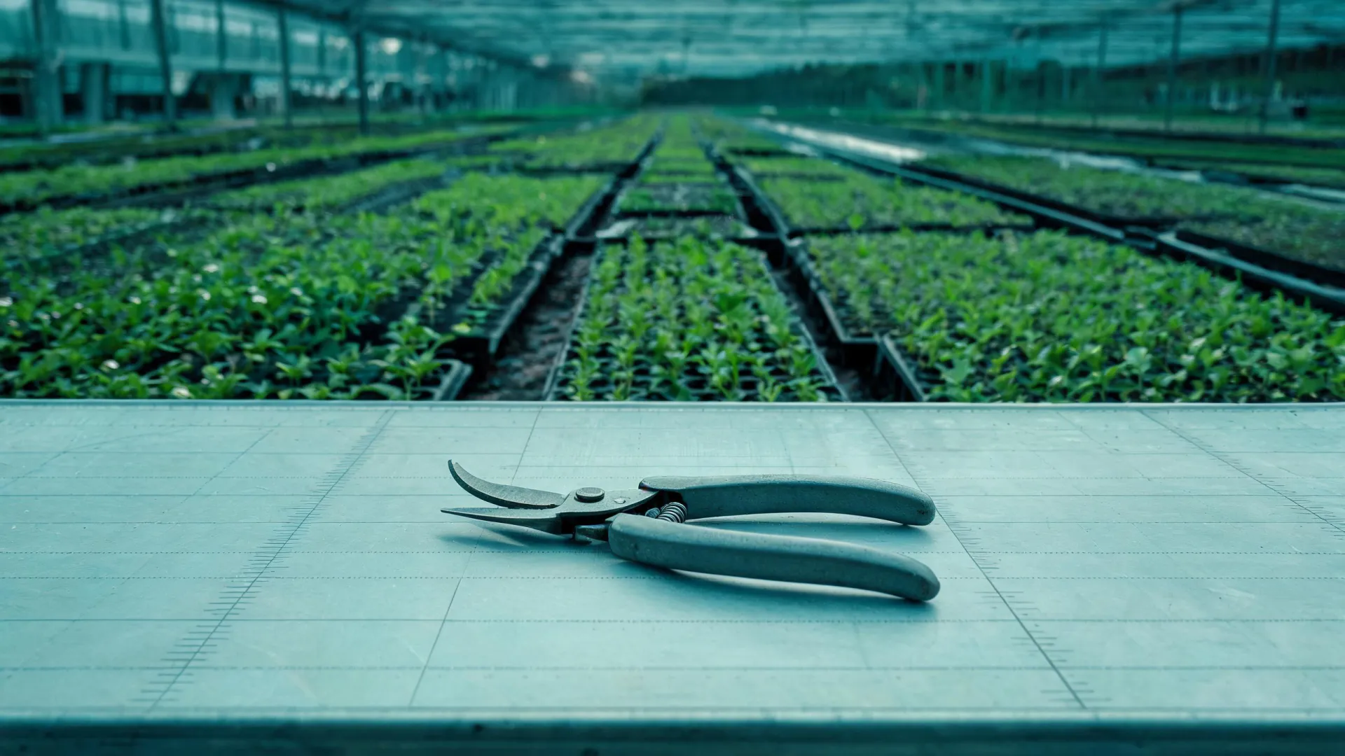 Pruning shears specification review at a nursery workbench